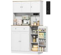 HOMCOM Buffet Haut Cuisine Prises Ports USB 6 Portes 100x40x173cm Blanc | Armoire de Cuisine, Plan de Travail, Porte-Épices, Étagères Réglables, Meuble de Rangement, pour Salon Salle à Manger