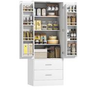 HOMCOM Buffet Haut Cuisine Vaisselier 2 Portes 60x40x159cm Blanc | Armoire de Cuisine, 4 Compartiments, 8 Porte-Épices, 2 Tiroirs, Étagères Réglables, Meuble Salon, Salle à Manger