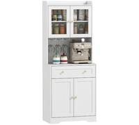 HOMCOM Buffet Haut Cuisine Vaisselier 4 Portes Tiroir 68x38x170cm Blanc | Armoire de Cuisine, 2 Portes en Verre, Plan de Travail, Étagères Réglables, Meuble de Rangement, Salon, Salle à Manger