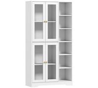 HOMCOM Buffet haut cuisine, vaisselier vitrine avec 4 portes à fermeture douce en verre trempé, 90x35x172cm, blanc