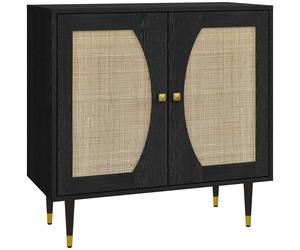 HOMCOM Buffet haut meuble de rangement design bohème double portes avec 2 niveaux, façade en rotin 80 x 38 x 79 cm noir
