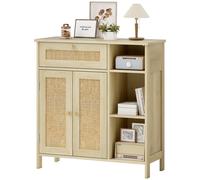 HOMCOM Buffet, meuble de rangement, 2 portes en rotin, tiroir, niches ouvertes, étagères réglables, 75x30x79,5cm, bois naturel