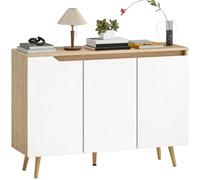 HOMCOM Buffet Salon 2 Étagères Réglables 107 x 35 x 76,5 cm Blanc et Chêne | Meuble de Rangement, 3 Portes, 5 Pieds en Bois d'Hévéa, Style Rustique, Buffet Salle à Manger et Cuisine