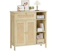 HOMCOM Buffet Salon avec 2 Portes en Rotin 75 x 30 x 79,5 cm Bois Naturel | Meuble de Rangement, Tiroir, Compartiments Ouverts, Étagères Réglables, Style Bohème, Buffet Salle à Manger et Cuisine