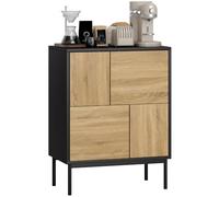 HOMCOM Buffet Salon Meuble Bas 60 x 35 x 78 cm Noir et Effet Bois Naturel | Meuble de Rangement, Armoire de Cuisine, Portes à Pousser, 4 Placards, Style Moderne, Buffet Salle à Manger et Salon