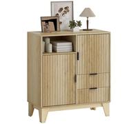 HOMCOM Buffet Salon, Meuble de Rangement avec 2 Portes cannelé à Fermeture amortie, 2 tiroirs, étagère réglable et Compartiment Ouvert, Buffet Salle à Manger et Cuisine, 80 x 40 x 90 cm, Bois Naturel