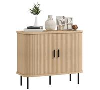 HOMCOM Buffet Salon, Meuble de Rangement avec 2 Portes coulissantes en Tambour à Lattes et 4 Compartiments, 5 Pieds en Acier, Style Moderne, pour Salle à Manger et Cuisine, 90 x 40 x 75 cm, chêne