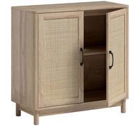 HOMCOM Buffet salon, meuble de rangement avec 2 portes en rotin, étagère réglable et bords arrondis, 76 x 35 x 75,5 cm, chêne
