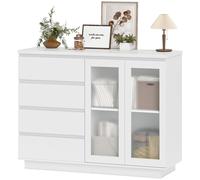 HOMCOM Buffet salon, meuble de rangement avec 4 tiroirs et 2 portes en verre trempé, étagère réglable, 120 x 40 x 91 cm, blanc