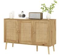 HOMCOM Buffet salon meuble de rangement avec placards à portes en rotin et étagère réglable, bois naturel