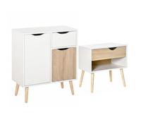 HOMCOM Buffet Table de Chevet avec Tiroirs, Placards Blanc et Bois Naturel | Design Scandinave