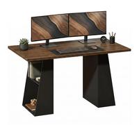 HOMCOM Bureau 140 cm, bureau d'ordinateur avec 4 étagères ouvertes et cadre en métal, table de travail avec cadre trapézoïdal, grand espace de travail pour bureau à domicile et étude, marron, noir