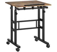 HOMCOM Bureau assis debout bureau réglable en hauteur 60 x 60 cm à roulettes avec plateau inclinable cadre métal brun rustique