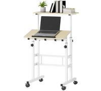 HOMCOM Bureau assis debout bureau réglable en hauteur 60 x 60 cm à roulettes avec plateau inclinable cadre en métal naturel