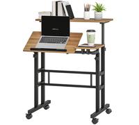 HOMCOM Bureau assis debout bureau réglable en hauteur 70 x 60 cm à roulettes avec plateau inclinable cadre en métal marron