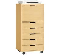HOMCOM Bureau avec 5 tiroirs sur roulettes et Armoire Naturel | Unité de tiroirs de bureau, fermeture douce, support d'imprimante, classeur, pour bureau à domicile