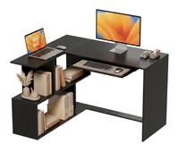 HOMCOM Bureau d'angle, 120 x 100 x 76 cm, Bureau Informatique en L avec Plateau de Clavier, 4 Compartiments Ouverts, Style Moderne, Table de Travail pour Domicile, Chambre, Petit Espace, Noir