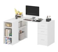 HOMCOM Bureau d'angle 3 Tiroirs Bureau Informatique en L 140x100x75cm Blanc | 1 pour Documents Letter/Legal/A4, 5 Compartiments Ouverts, Étagères Réglables, Table de Travail à Domicile Chambre