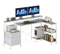 HOMCOM Bureau d'angle avec Prises et Lumières LED RGB 172x100cm Blanc | Bureau d'Ordinateur, Support d'Écran, 2 Tiroirs en Tissu, Support Imprimante, Table Informatique, Chambre, Coin Travail
