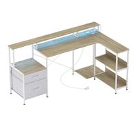 HOMCOM Bureau d'angle avec prises et lumières LED RGB, bureau d'ordinateur, 172 x 100 cm, support d'écran, 2 tiroirs, blanc