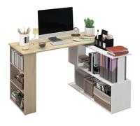 HOMCOM Bureau d'angle Table de Salle à Manger avec Rangement Bureau Informatique modulable bibliothèque intégrée + étagère 3 Niveaux Blanc et Bois Naturel