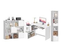 HOMCOM Bureau d'angle, Bibliothèques Basse Haute, Plateau Clavier, Blanc | Compartiments Ouverts, Tiroir, Meuble Rangement, Salon, Bureau, Chambre À Coucher