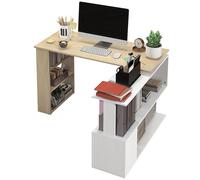 HOMCOM Bureau d'angle bureau informatique modulable bibliothèque intégrée + étagère 3 niveaux blanc et bois naturel