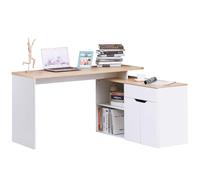 HOMCOM Bureau d'angle Bureau Informatique multimédia modulable Multi-rangements Double Niche + tiroir et Placard en Bois Clair Blanc