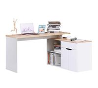HOMCOM Bureau d'angle Modulable Multi-Rangements Placard Bois Clair Blanc | Bureau Informatique Multimédia, Double Niche, Tiroir