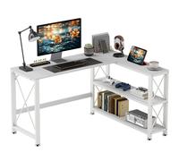 HOMCOM Bureau d'angle modulable réversible, bureau avec rangement, étagère de rangement, cadre en métal, 135x110x75cm, blanc