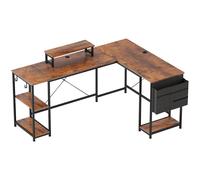 HOMCOM Bureau d'angle réversible, 168-240 cm, bureau d'ordinateur avec étagère réglable, support d'écran, brun rustique