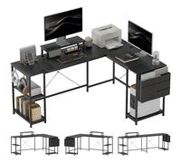 HOMCOM Bureau d'angle réversible, 168-240 cm, Bureau d'ordinateur avec étagère réglable, Support d'écran, Crochets et Sac de Rangement, Table Informatique pour Chambre ou Coin Travail, Noir
