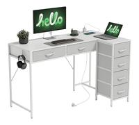 HOMCOM Bureau d'angle réversible avec 6 tiroirs 126x48 cm avec prise électrique port de charge USB et USB-C Blanc