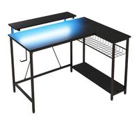 HOMCOM Bureau d'angle réversible, bureau d'ordinateur avec LED, 2 prises et 2 ports USB et panier réglable, 107x80x90cm, noir
