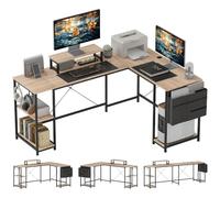 HOMCOM Bureau d'angle Réversible Étagère Réglable 168-240 cm Bois Naturel | Bureau d'Ordinateur, Support d'Écran, Crochets, Sac de Rangement, Table Informatique, Chambre ou Coin Travail