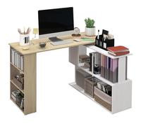 HOMCOM Bureau d'angle Table de Salle à Manger avec Rangement Bureau Informatique modulable bibliothèque intégrée + étagère 3 Niveaux Blanc et Bois Naturel