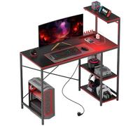 HOMCOM Bureau de Gaming avec lumières LED & Prises 110x50cm Noir | Bureau de gaming en fibre de carbone, Étagères, Télécommande, pour Bureau/Étude
