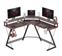 HOMCOM Bureau de Gaming en L avec Prises 128x128cm Noir | Ports USB, Bureau PC, Bureau angle, Support écran, Support casque, Look carbone, Porte-gobelet
