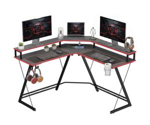 HOMCOM Bureau de Gaming en L avec Prises 128x128cm Noir | Ports USB, Bureau PC, Bureau angle, Support écran, Support casque, Look carbone, Porte-gobelet