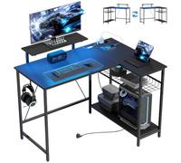 HOMCOM Bureau de Gaming réversible en Forme L avec LED 114.5x82cm Noir | Bureau d'angle avec prises de courant, support moniteur, étagères réglables, station de gaming, bureau à domicile