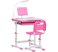 HOMCOM : Bureau d'étude pour enfants de 6 à 12 ans, avec chaise, hauteur réglable, plateau inclinable à 45°, lampe LED, en acier et MDF, couleur rose