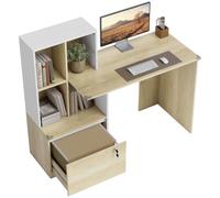 HOMCOM Bureau d'ordinateur avec bibliothèque 4 Compartiments et tiroir verrouillable à dossiers, Patins Anti-Collision, Table Informatique pour Chambre, Salle d'étude, 126x50x109cm, chêne et Blanc