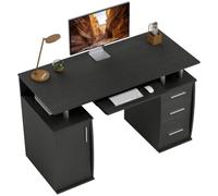 HOMCOM Bureau d'Ordinateur avec Plateau Clavier 3 Tiroirs 120 x 55 cm Noir | Bureau Informatique, Support Unité Centrale, Étagères Ouvertes, Chambre, Domicile