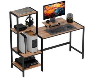 HOMCOM Bureau d'ordinateur avec support pour moniteur, 150x48cm Brun | Bureau de bureau, support CPU, plateau imprimante, 4 étagères, cadre métallique, pour bureau domestique & chambre