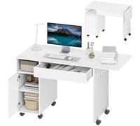 HOMCOM Bureau d'Ordinateur Pliable Mobile sur roulettes 130 x 58 cm Blanc | Table Bureau avec Rangement, Tiroir, Poste de Travail pour Petits Espaces, Chambre, Salon