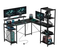HOMCOM Bureau en Forme de L avec Station de Recharge, Bureau Informatique d'Angle avec Support pour Écran et Étagères, pour Bureau à Domicile, Bureau, Noir