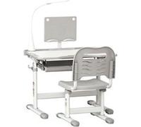 HOMCOM Ensemble chaise et bureau pour enfants avec lampe LED, hauteur réglable, table et chaise d'étude pour enfants, plateau incliné, support de lecture, boîte à stylos, tiroir et porte-gobelet, gris