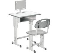 HOMCOM Bureau et chaise pour enfant avec support de lecture, casier, crochet et porte stylo - hauteur réglable - 60 x 45 x 90-102 cm - gris