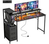 HOMCOM Bureau Gaming 147 x 47 cm avec Éclairage RGB, Prises et Ports USB | Bureau Gaming avec Support pour Unité Centrale Réglable et Réversible, Support pour Écran et 3 Tiroirs en Tissu, Noir