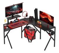HOMCOM Bureau gaming en forme de L bureau d'angle en panneau de particules avec crochet pour casque porte-gobelet et étagère de moniteur noir